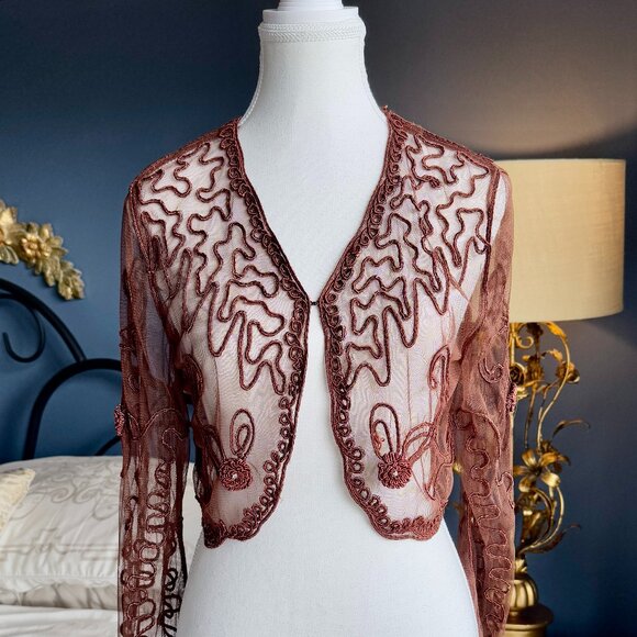Tops - Brown Embroidered Mesh Bolero with Floral and Rhinestone Accents